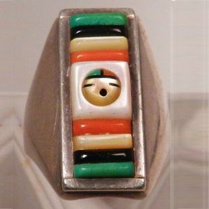 Vintage Zuni inlaid large ring of Sunface Sun Father turquoise MOP Jet & coral